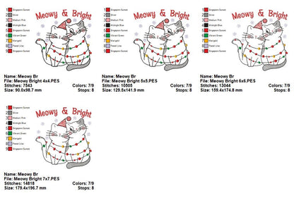 Christmas Lights Cats Meowy & Bright - Redwork - Machine Embroidery Design