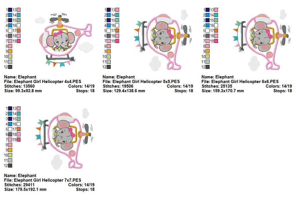 Baby Elephant Helicopter – Appliqué – Machine Embroidery Design