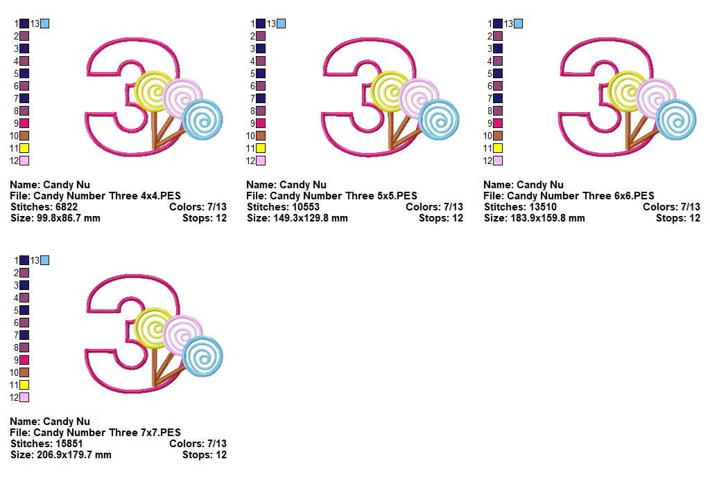Sweet Candy Number Three - Applique - Machine Embroidery Design