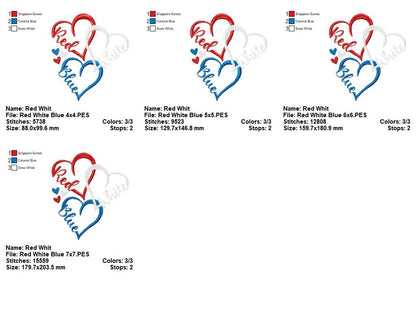❤️🤍💙 Red White Blue Hearts – Satin Stitch – Machine Embroidery Design