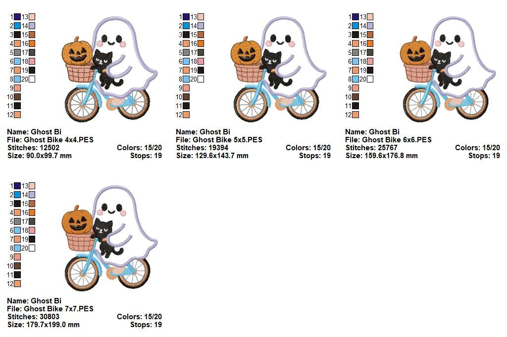 Adorable Ghost Biking with Friends - Applique - Machine Embroidery Design
