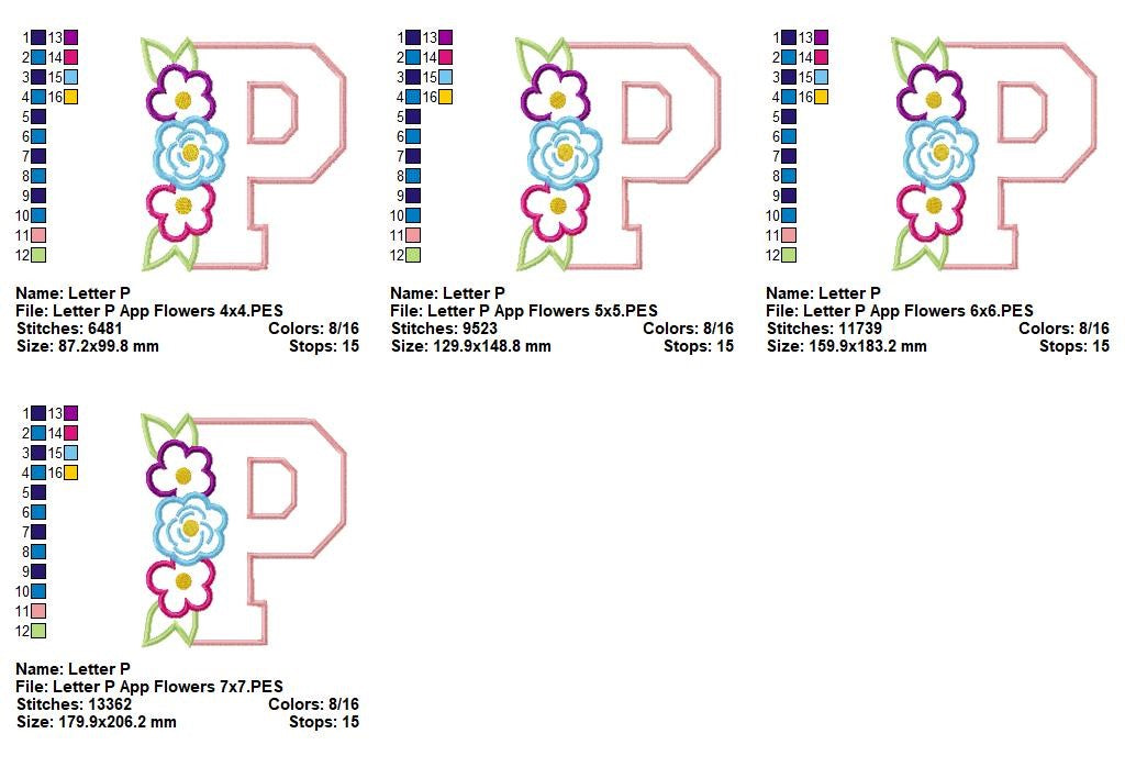 Floral Letter P – Appliqué – Machine Embroidery Design