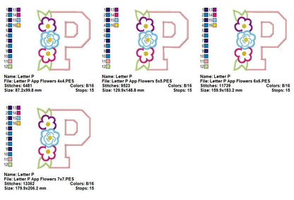 Floral Letter P – Appliqué – Machine Embroidery Design