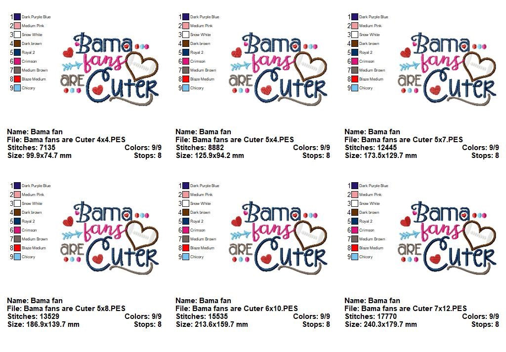 Bama Fans Are Cuter Football Heart - Appliqué - Machine Embroidery Design