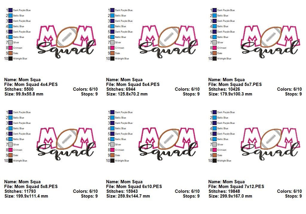 Mom Squad Football – Appliqué – Machine Embroidery Design