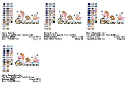 Bear Girl Bicycle Train - Appliqué - Machine Embroidery Design