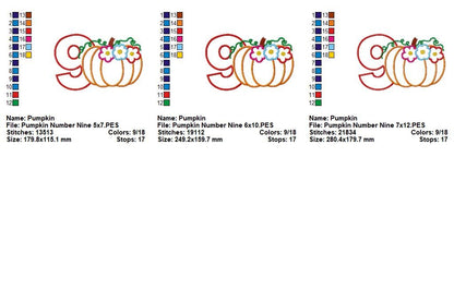 Floral Pumpkin Number Nine - Applique - Machine Embroidery Design