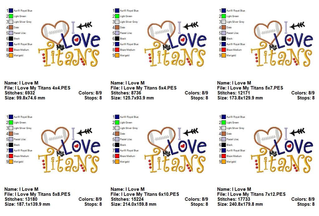 I Love My Titans Football - Appliqué - Machine Embroidery Design