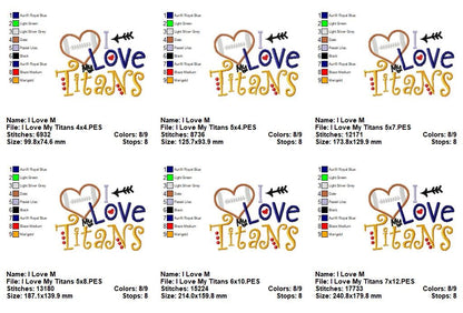 I Love My Titans Football - Appliqué - Machine Embroidery Design