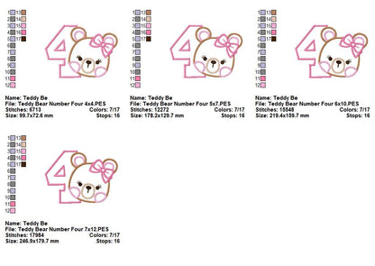 Sweet Teddy Girl Birthday Numbers – Appliqué – Machine Embroidery Design