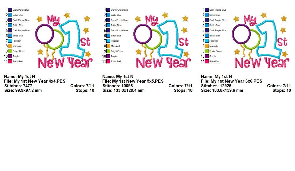 My 1st New Year Balloons - Applique - Machine Embroidery Design