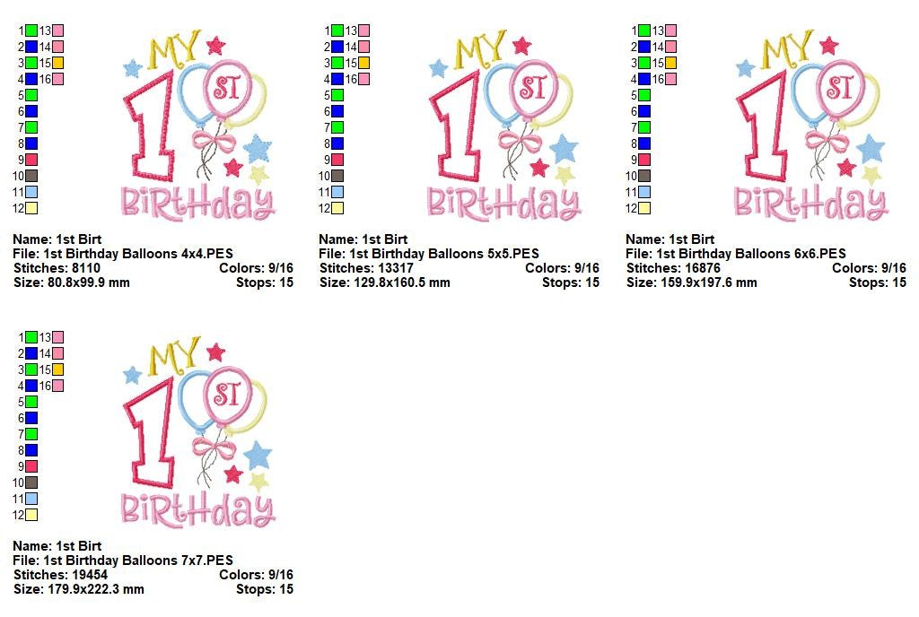 Sweet First Birthday Balloons - Applique - Machine Embroidery Design