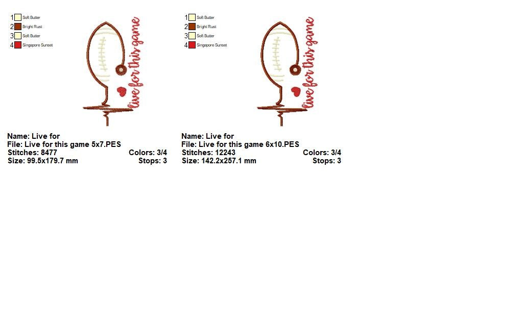 Live for This Game Football Heartbeat - Satin Stitch - Machine Embroidery Design