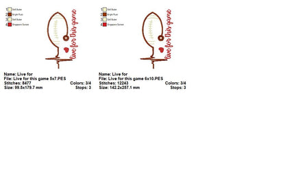 Live for This Game Football Heartbeat - Satin Stitch - Machine Embroidery Design