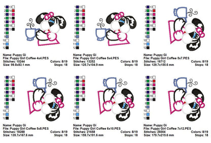 Cute Puppy Girl with Coffee – Appliqué – Machine Embroidery Design