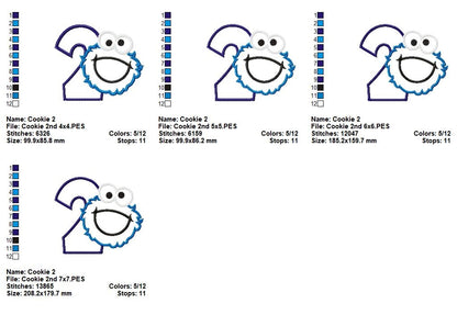 Cookie Monster 2nd Birthday Number 2 - Applique - Machine Embroidery Design