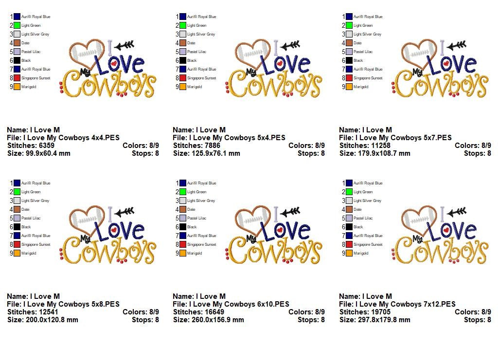 I Love My Cowboys Heart Football – Appliqué – Machine Embroidery Design
