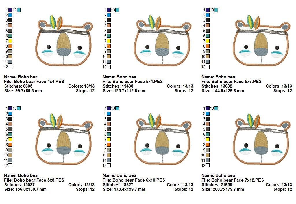 Boho Bear Face Set – Appliqué – Machine Embroidery Design