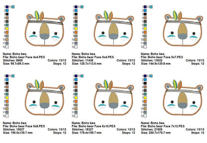 Boho Bear Face Set – Appliqué – Machine Embroidery Design