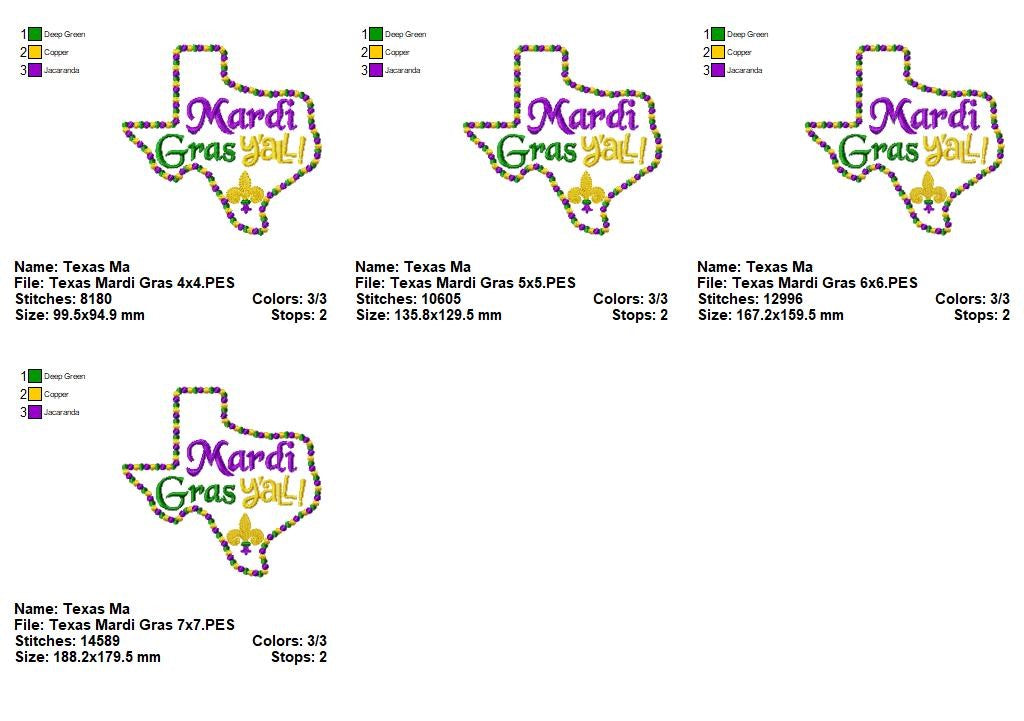 Mardi Gras Texas Y’all - Satin Stitch – Machine Embroidery Design