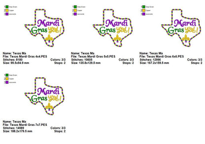 Mardi Gras Texas Y’all - Satin Stitch – Machine Embroidery Design