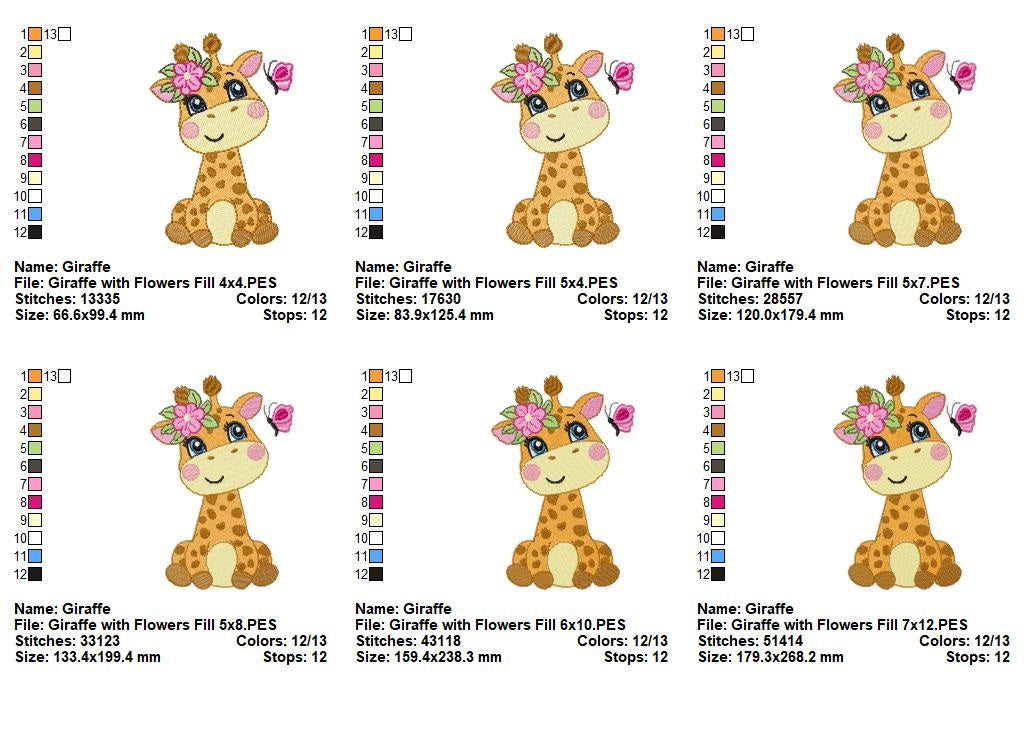 Sweet Floral Giraffe - Fill Stitch - Machine Embroidery Design