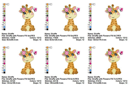 Sweet Floral Giraffe - Fill Stitch - Machine Embroidery Design