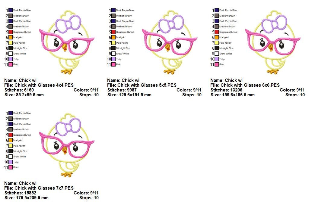 Cute Chick with Glasses – Appliqué – Machine Embroidery Design