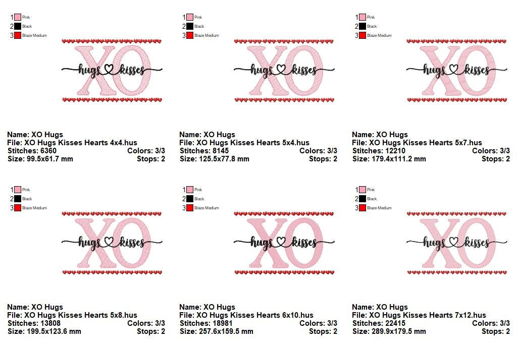 XO Hugs and Kisses Hearts - Sketch Stitch - Machine Embroidery Design