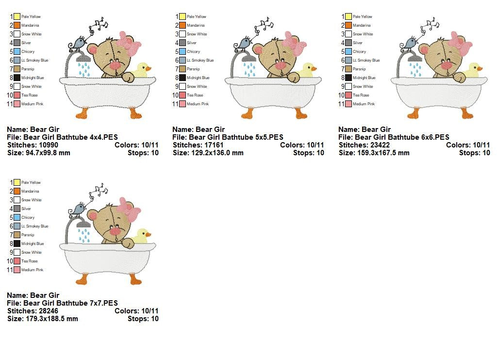 Cute Bear Bath Time - Fill Stitch - Machine Embroidery Design