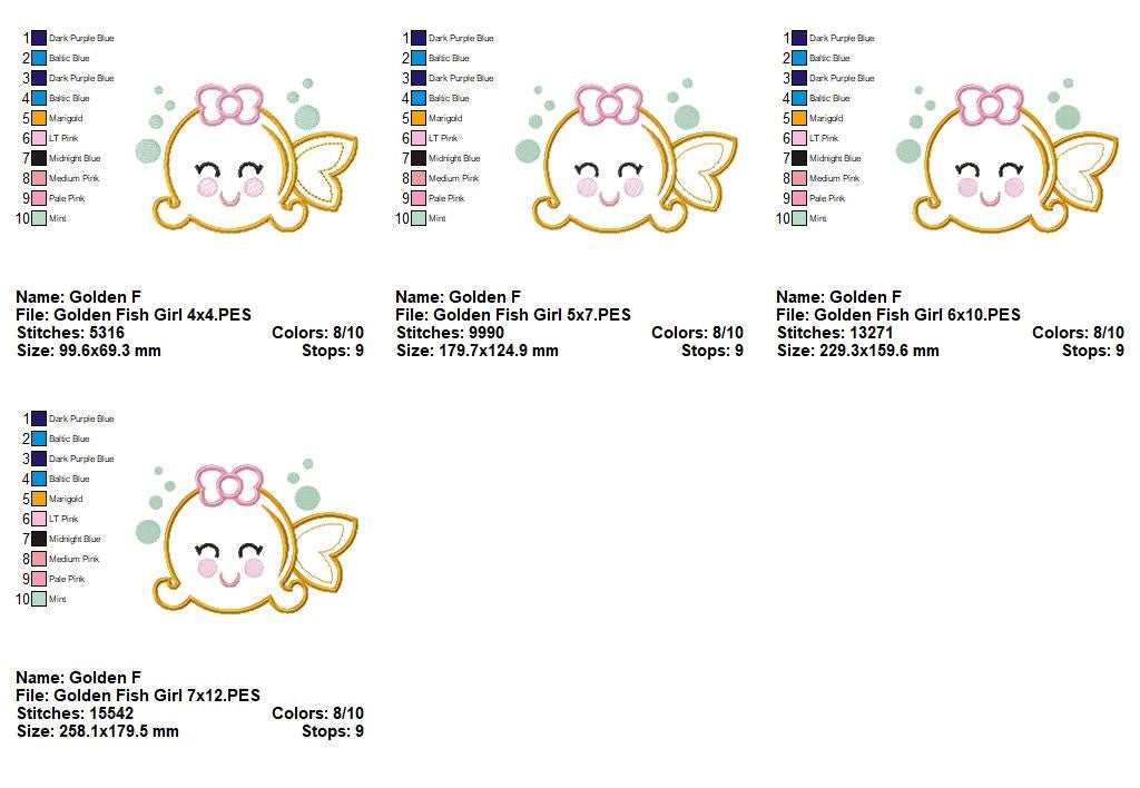Kawaii Goldfish Girl - Appliqué - Machine Embroidery Design