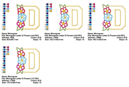 Lovely Flowers Monogram D - Applique - Machine Embroidery Design