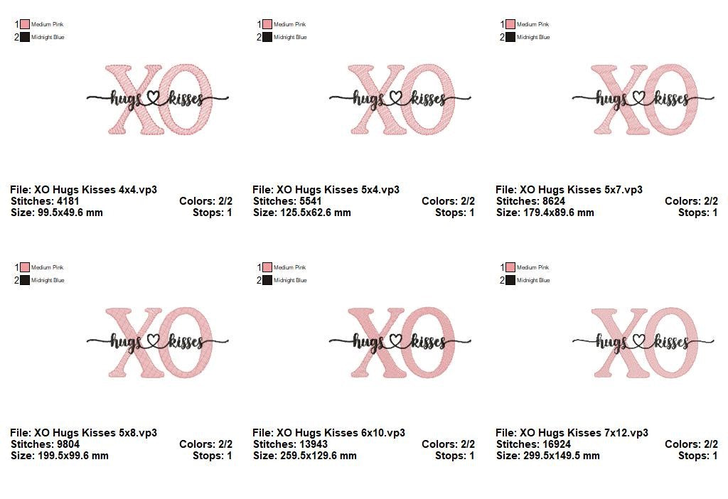 XO Hugs and Kisses – Sketch Stitch – Machine Embroidery Design