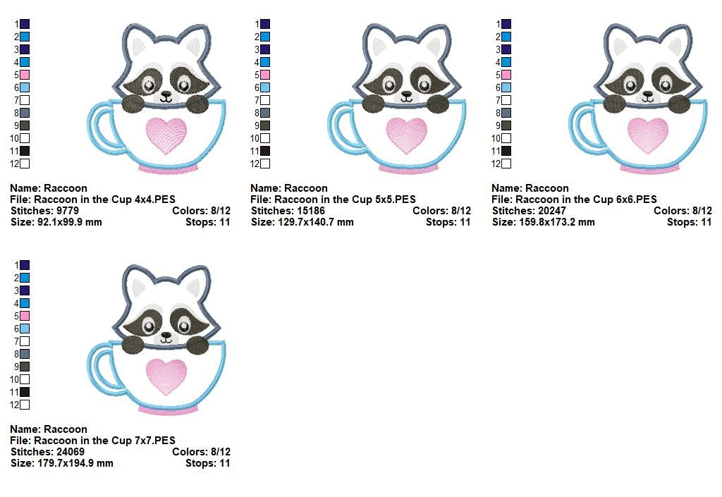 Sweet Raccoon in Teacup – Appliqué – Machine Embroidery Design