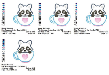 Sweet Raccoon in Teacup – Appliqué – Machine Embroidery Design