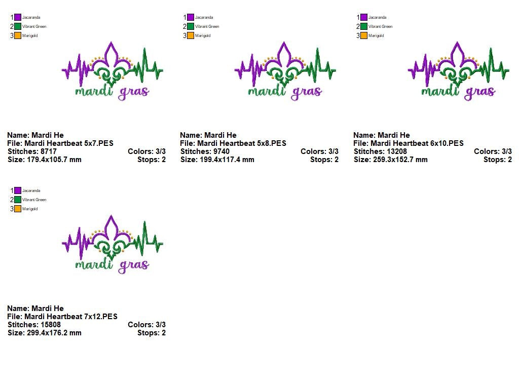 Mardi Gras Heartbeat - Fill Stitch - Machine Embroidery Design