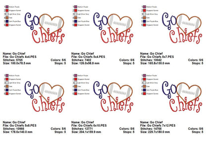 Go Chiefs Football Heart – Appliqué – Machine Embroidery Design