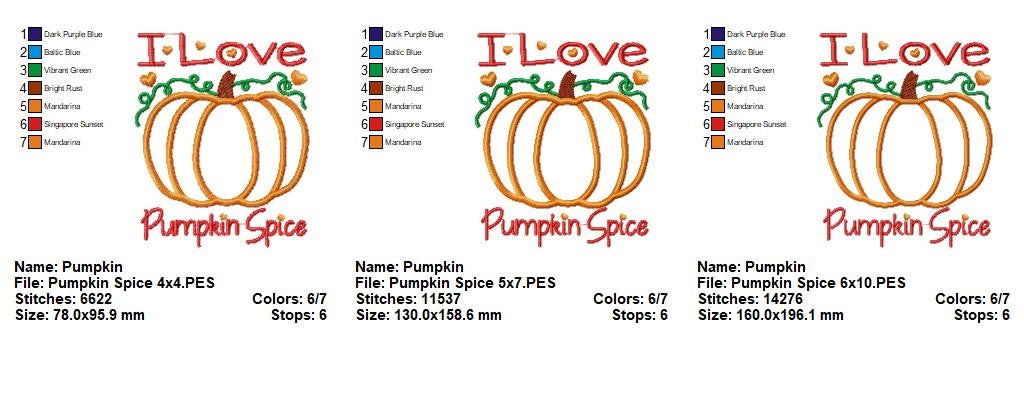Cute Pumpkin with I Love Pumpkin Spice – Appliqué – Machine Embroidery Design