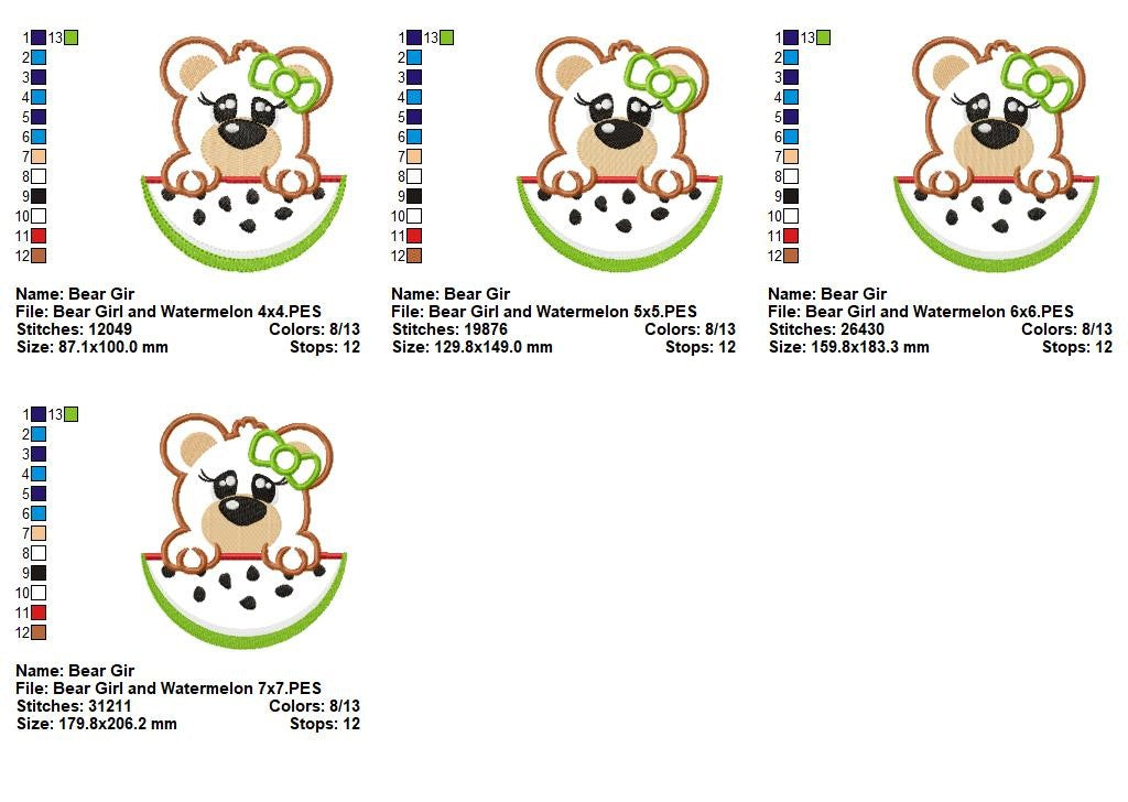 Cute Bear Girl with Watermelon – Appliqué – Machine Embroidery Design