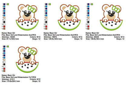 Cute Bear Girl with Watermelon – Appliqué – Machine Embroidery Design