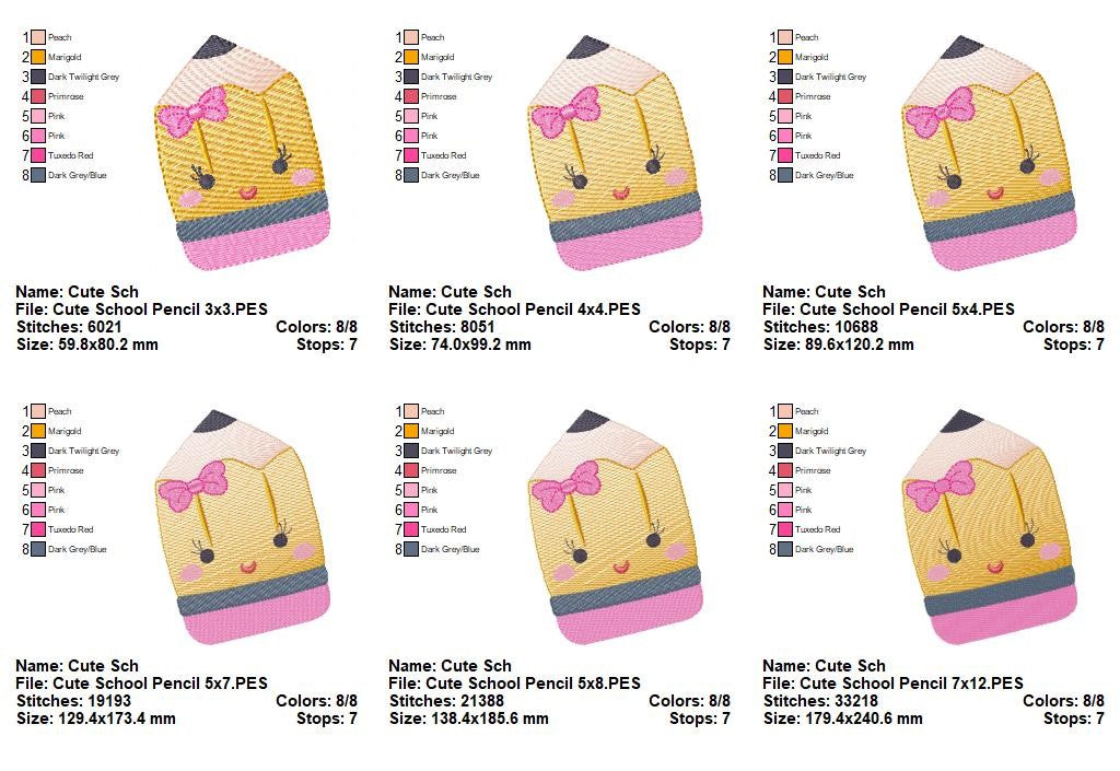 Kawaii Smiling Pencil Girl – Rippled Stitch – Machine Embroidery Design