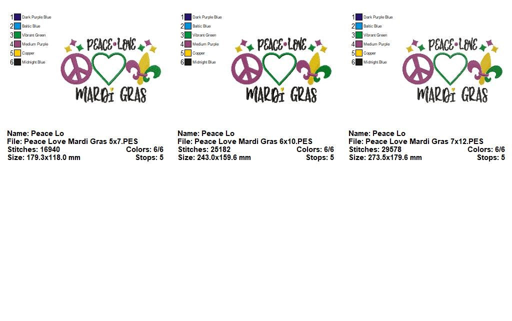 Peace Love Mardi Gras - Appliqué - Machine Embroidery Design