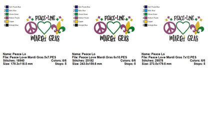 Peace Love Mardi Gras - Appliqué - Machine Embroidery Design