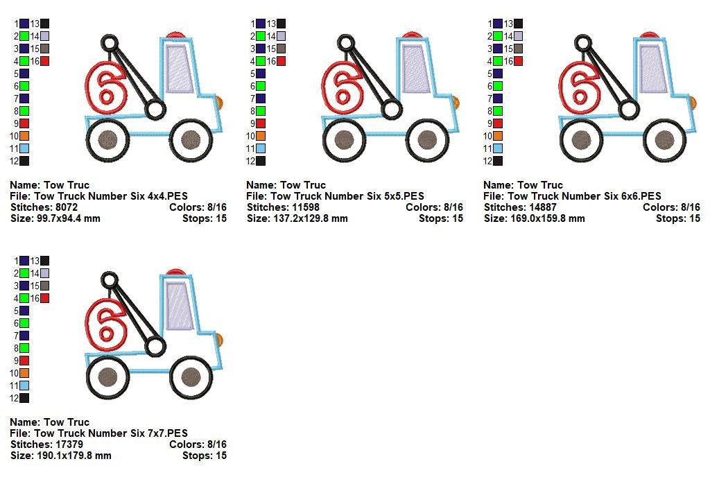 Tow Truck Number Six – Appliqué – Machine Embroidery Design