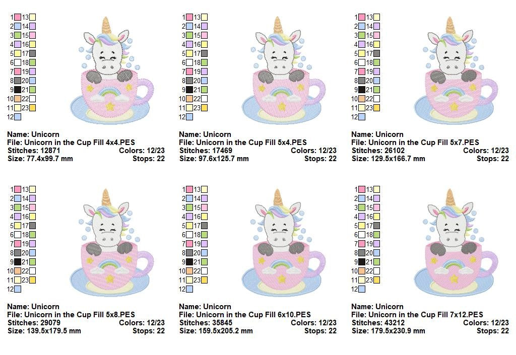 Sweet Unicorn in Teacup - Fill Stitch - Machine Embroidery Design