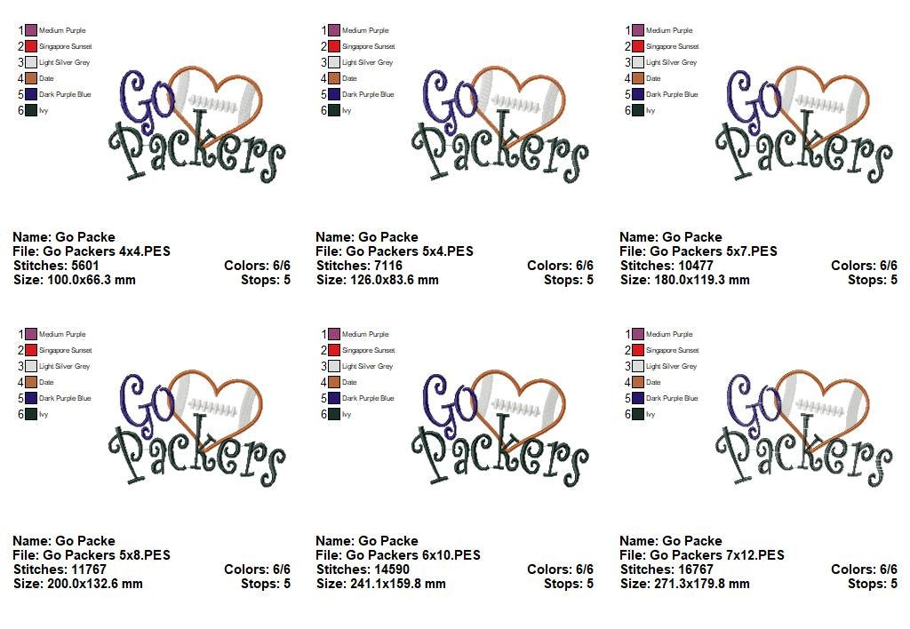 Go Packers Football Heart – Appliqué – Machine Embroidery Design