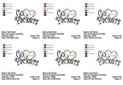 Go Packers Football Heart – Appliqué – Machine Embroidery Design