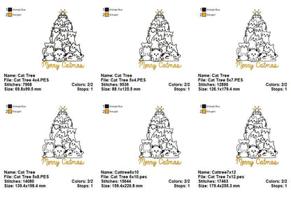 Cat Tree Merry Catmas - Redwork Stitch - Machine Embroidery Design