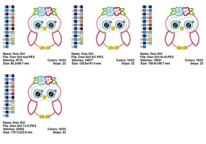 Sweet Floral Owl Girl - Appliqué – Machine Embroidery Design