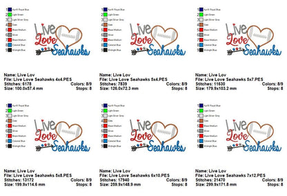 Live Love Seahawks Football Heart – Appliqué Satin Stitch – Machine Embroidery Design